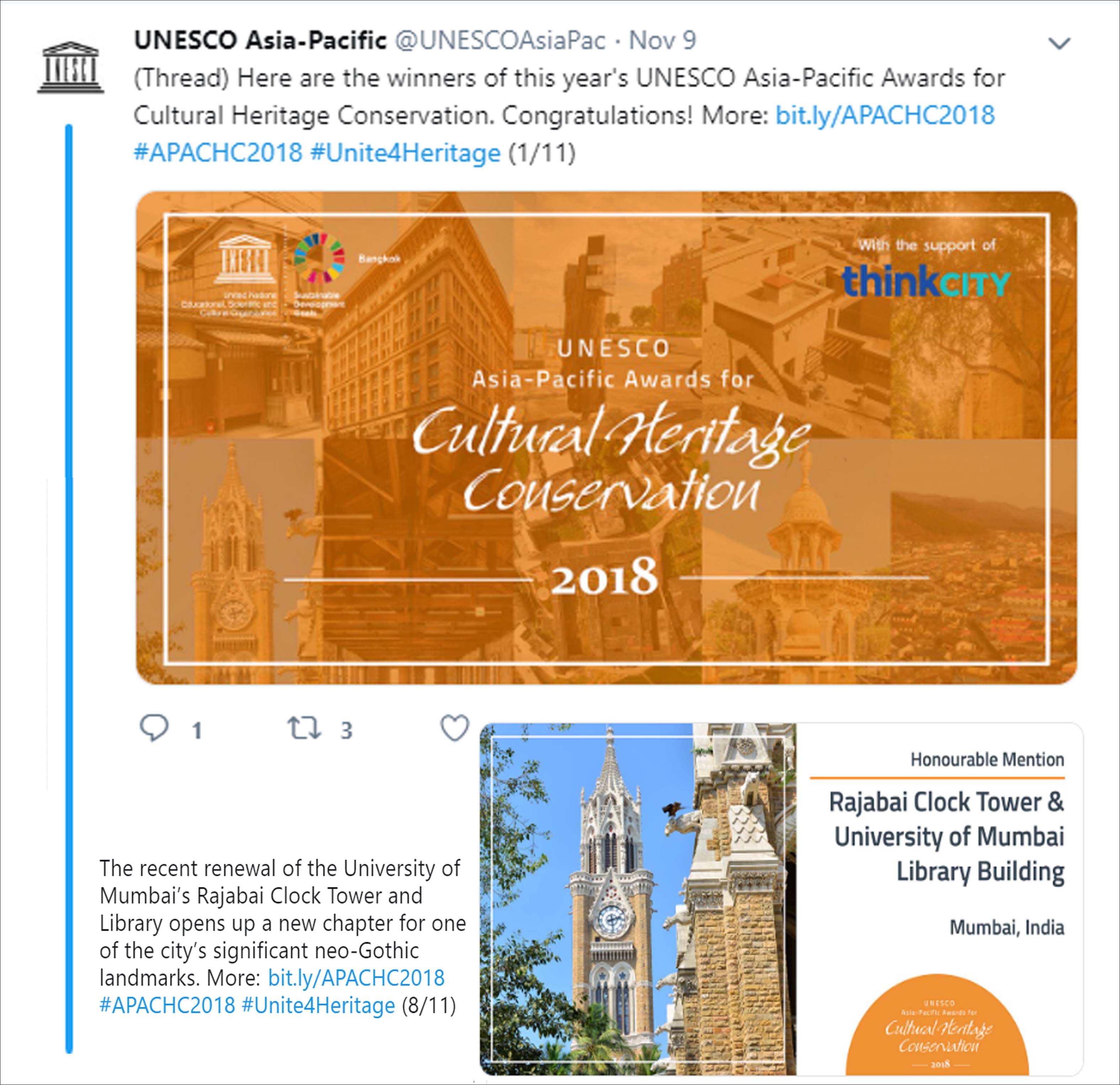 UNESCO Asia Pacific, Twitter - On 9 November 2018